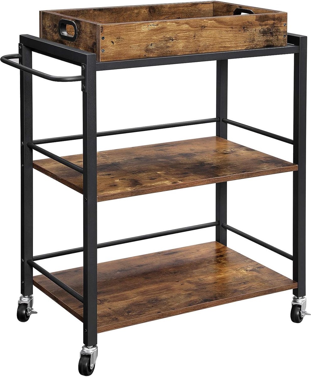 FurnStar - Serveerwagen met afneembaar dienblad - Keukentrolley - Vergrendelbare keukenwagen met universele wielen - Keukenplank - Stevig metalen frame - Industrieel ontwerp - 72 x 40 x 86 cm - Donkerbruin