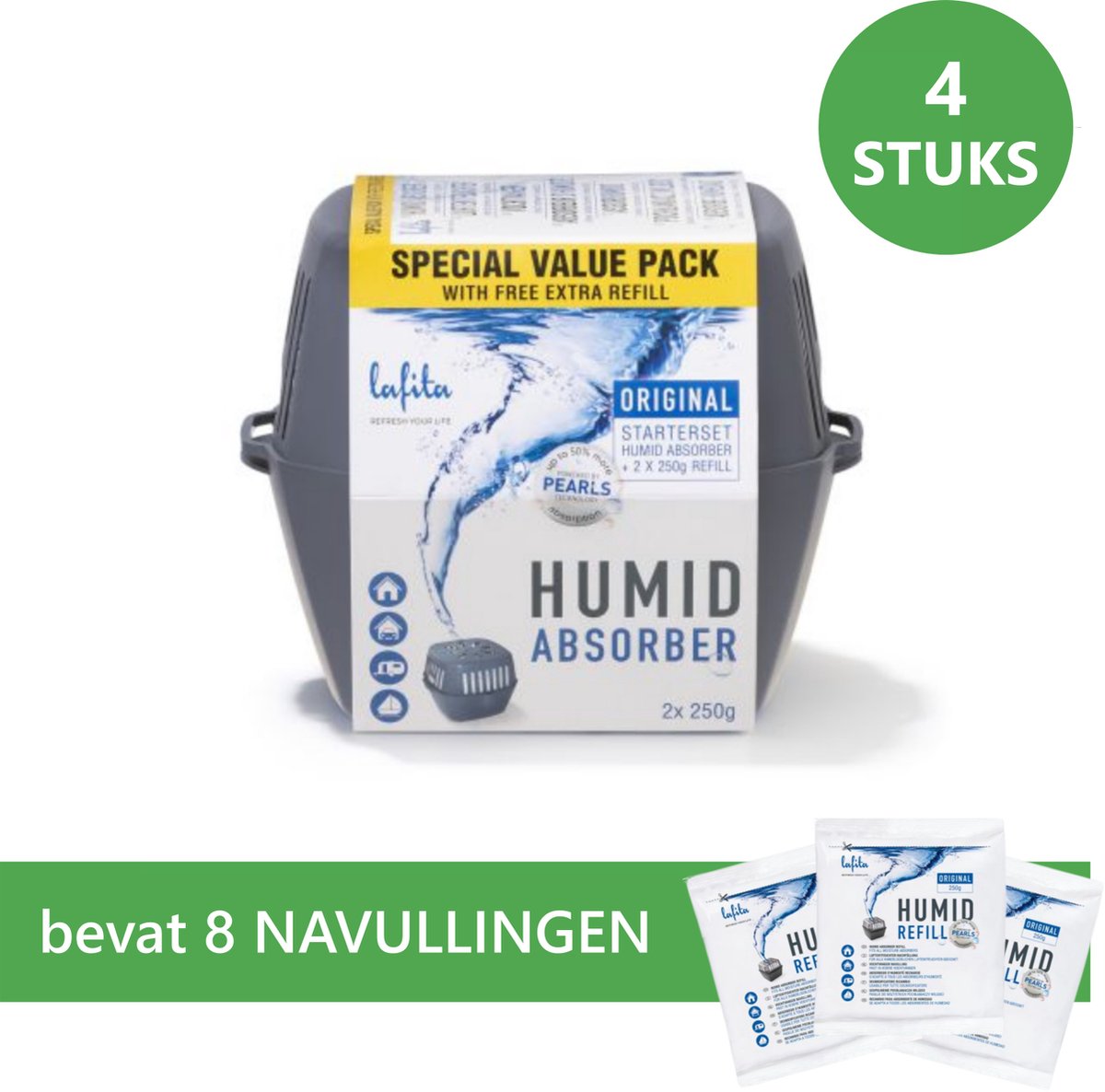 Lafita Vochtvanger Pearls - 4 stuks - 250 gram - bevat 8 navullingen - neemt tot 50% meer vocht op