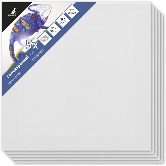 Stapel van 5 witte canvas panelen van 30x30cm, 280 gr/m², 100% katoen.