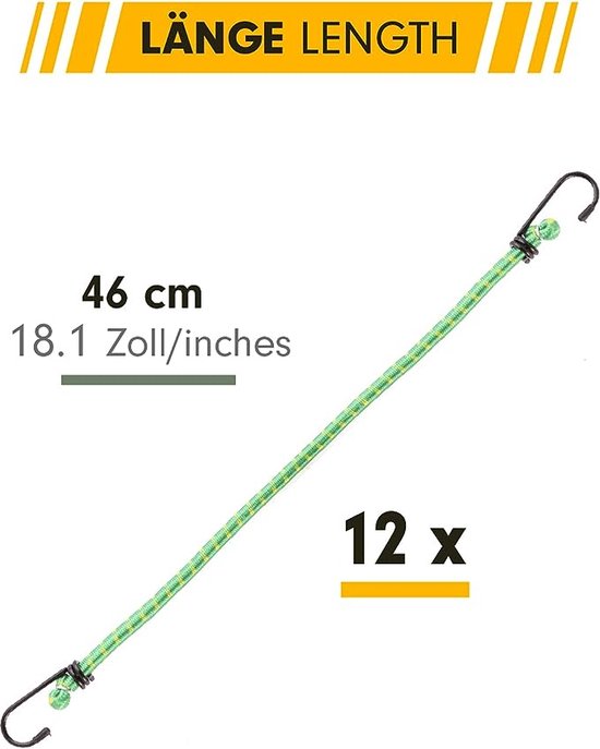 Set de 12 sandows avec crochet - Longueur 46 cm - Elastique de tension pour  camping, outdoor ou bagage - En vert