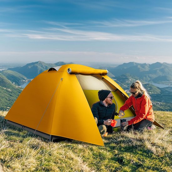 Kampeertent voor 3-4 personen, waterdichte lichtgewicht aluminium paal rugzaktent dubbellaags koepeltent met veranda en steunpaal/led-verlichting voor reizen strand wandelen buiten