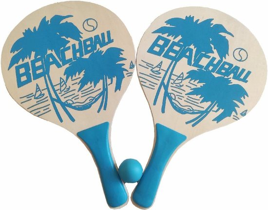 Summertime Beachball set hout - blauw - Rackets/batjes en bal - strand speelset