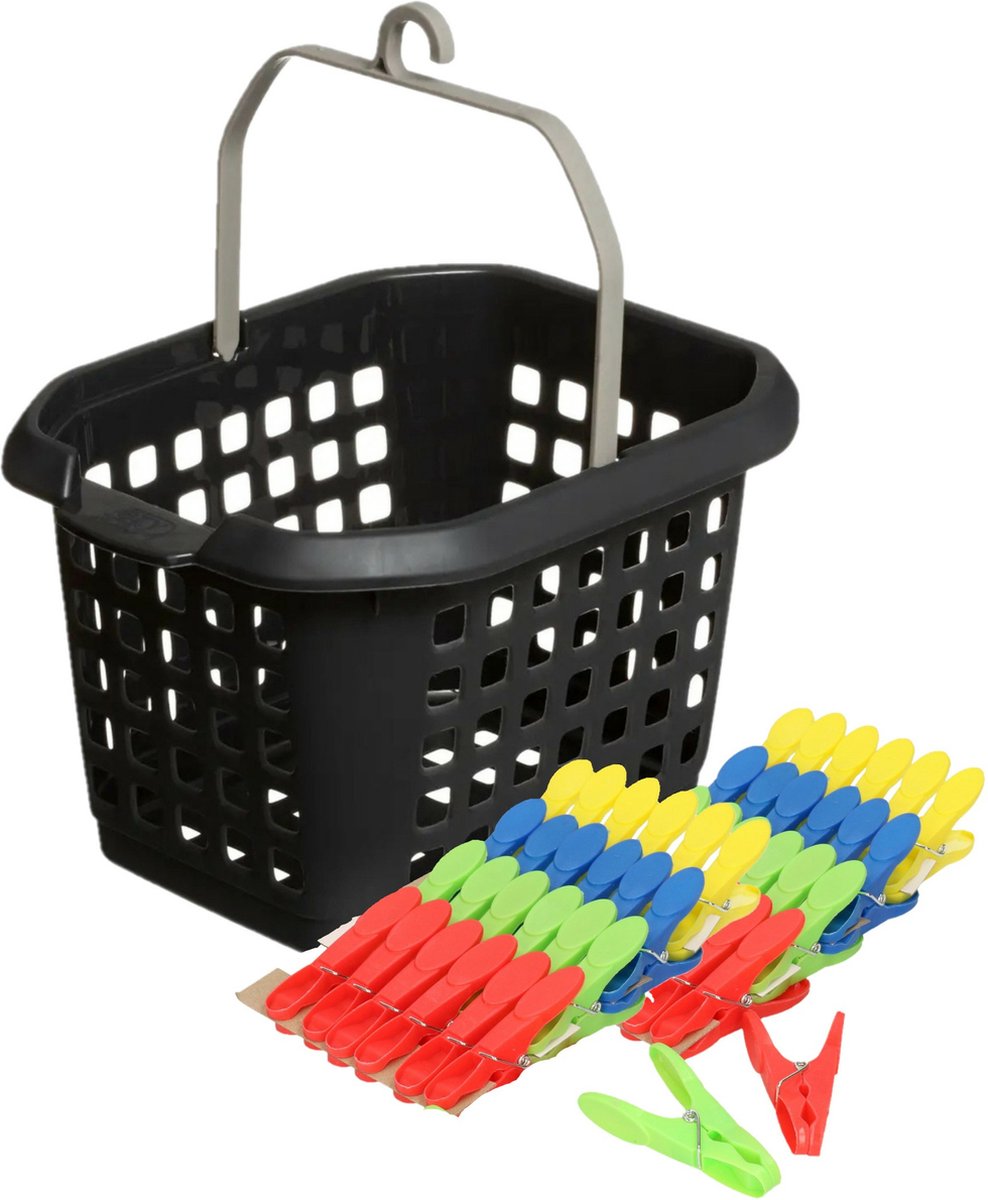 Goedkoopste Wasknijpers ophang mandje/bakje - zwart - met 56x plastic soft grip knijpers