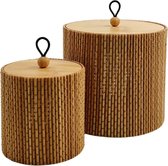 Set van 2 opbergdozen/manden met deksel van bamboe, rond/rechthoekig, klein, bruin (rond (diameter 8 x H 8,2 / Φ12 x 11,2 cm)