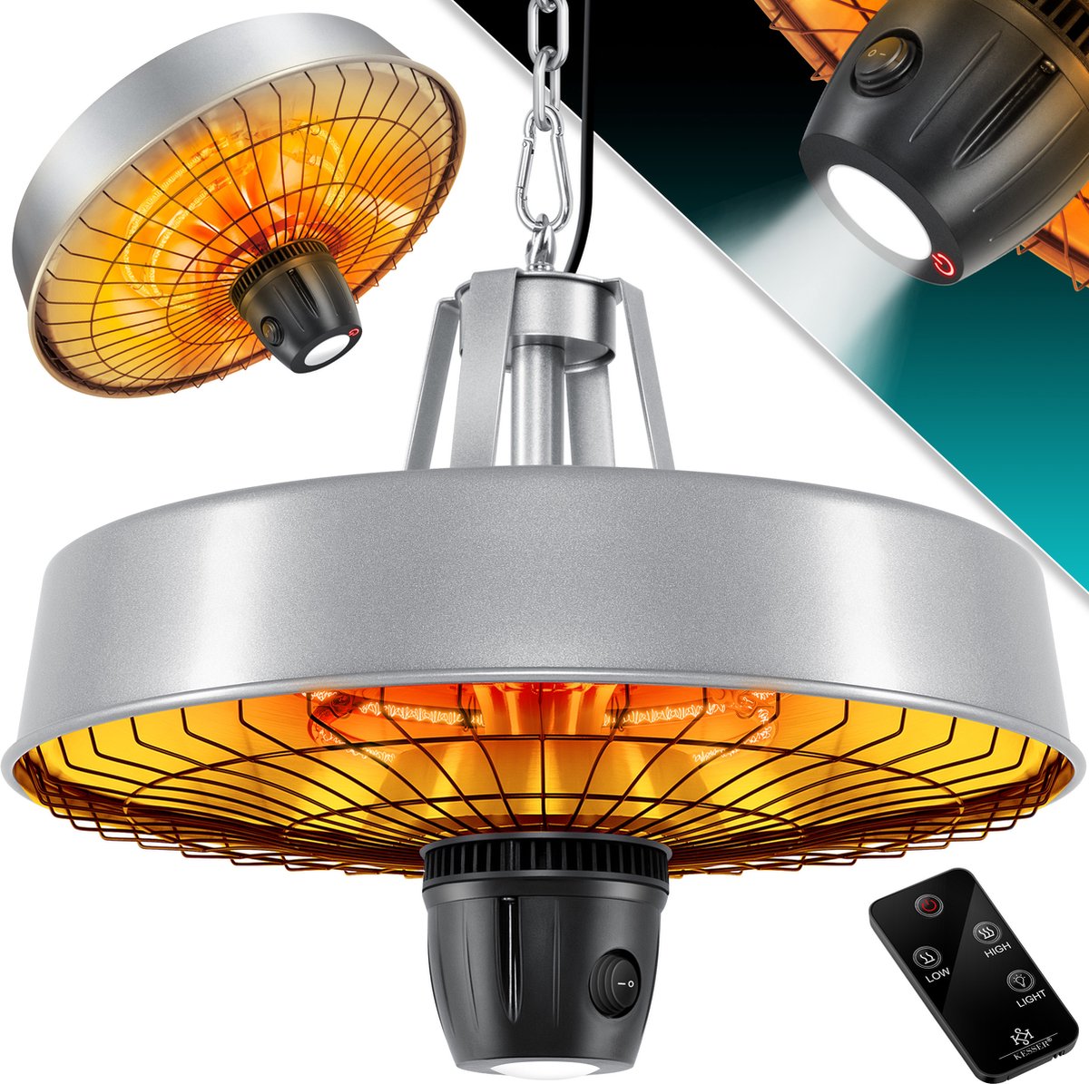 KESSER® Terrasverwarmer Elektrische Verwarming voor Plafond Warmtestraler LED-licht Infrarood Heater met ketting + karabijnhaak - Zilver, 2500W