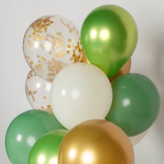 Een close-up van olijfgroene, gouden, crèmekleurige en confettiballonnen.