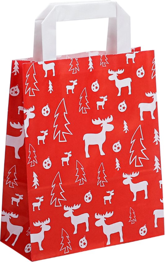 25 x papieren Kersttassen / Kerst draagtassen / Kersttasjes "White Elk" Met Platte Oren 22x10x28cm
