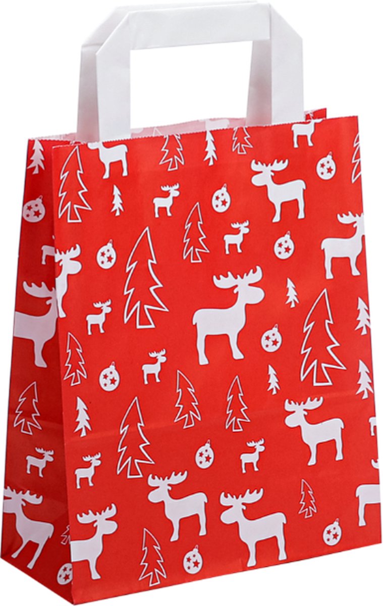 25 x papieren Kersttassen / Kerst draagtassen / Kersttasjes "White Elk" Met Platte Oren 22x10x28cm
