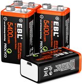 EBL 2-Pack Oplaadbare Batterijen 9 Volt - Rechargeable 5400 mWH 9 Volt Batterij met 2in1 Oplaadkabel - Lithium Micro USB Batterijen