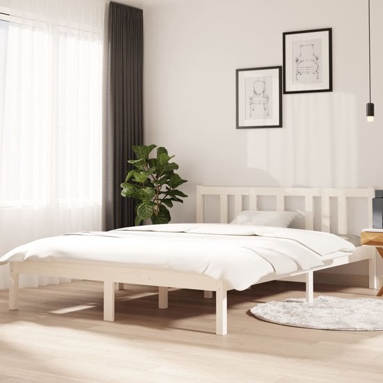 The Living Store Bedframe Hout - 205.5 x 145.5 x 69.5 cm - Wit - Geschikt voor 140 x 200 cm matras - Massief grenenhout - Inclusief hoofdeind - Montage vereist