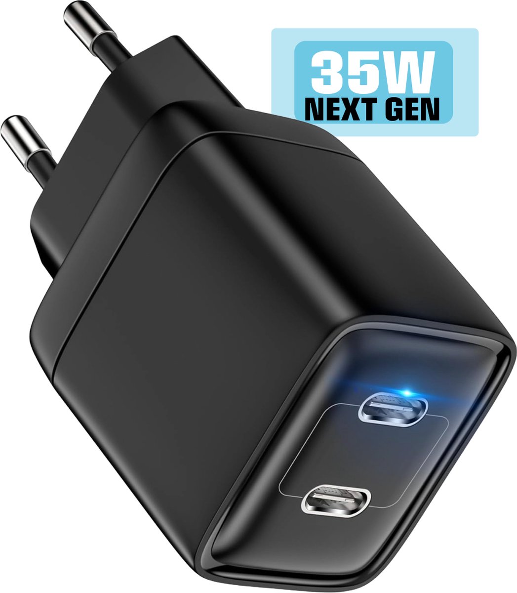 Gecertificeerde USB C Snellader - 35W - Twee USB-C Poorten - Zwart - GaN III