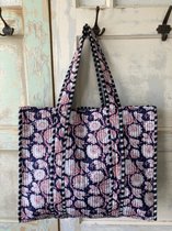 Tas - Quilttas - Shopper - Kantha - Gewatteerde Indiase Quilt Tas - blauw - roze