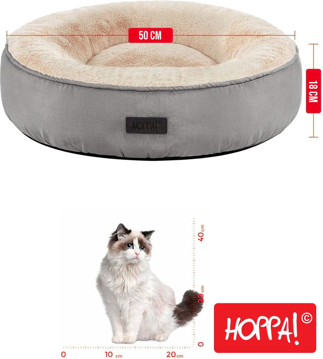 Hoppa! Hondenmand - Hondenbed - Kattenmand - Kattenbed - Afneembare hoes - Honden / Katten Donut - Ø 50 cm - Lichtgrijs – foto 5