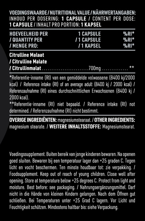 Voedingswaarde per capsule. Citrulline Malaat 700mg. Magnesiumstearaat.