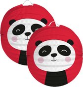Folat Lampion panda - 2x - 22 cm - rood - papier - Sint maarten/kinderfeestje lampionnen