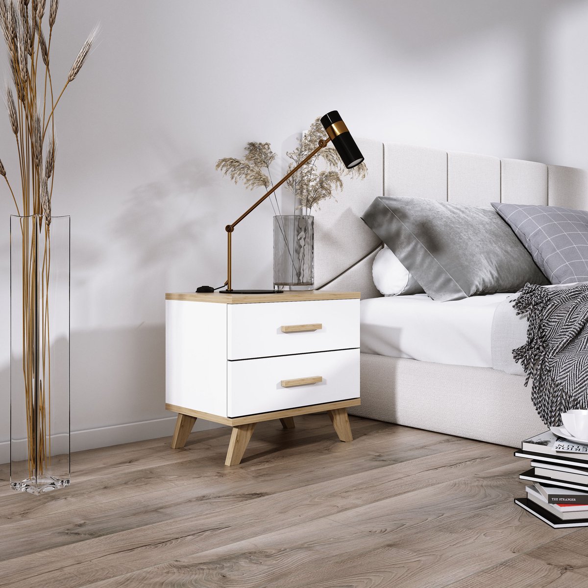 Meubel Square - Nachtkastje SINDI - Set van 2 - Wit - Eiken - met massief houten poten - Scandinavische stijl