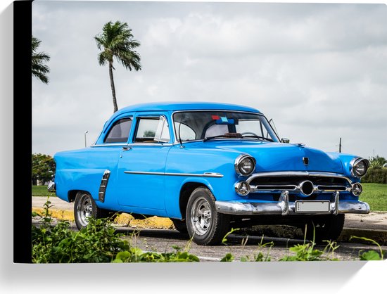 Canvas - Oude Blauwe Vintage Auto bij Palmbomen - 40x30 cm Foto op Canvas Schilderij (Wanddecoratie op Canvas)