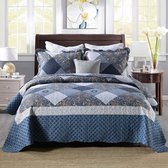 Gewatteerde sprei 220 x 240 cm voor bed, patchwork bedsprei van microvezel, dun winterdekbed, omkeerbaar ontwerp, blauw met bloemmotief
