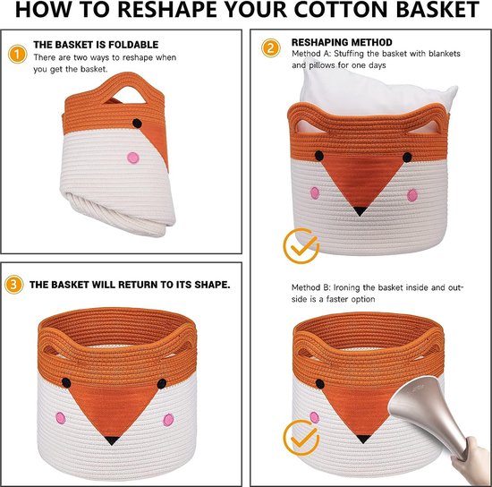 PLATEYTR Panier à linge en corde de coton, panier de rangement pliable en forme de renard orange, panier à jouets avec poignées pour décoration de chambre d'enfants