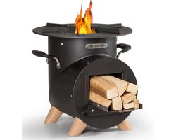 Blumfeldt Fire Pit with Grill Grate - Fire Bowl for Patio & Camping - Fire Bowl Set with Grill - L-Shape Fire Bowls with Poker - Fire Bowl for the Garden - Fire Pit with Wooden Stand - Zwart