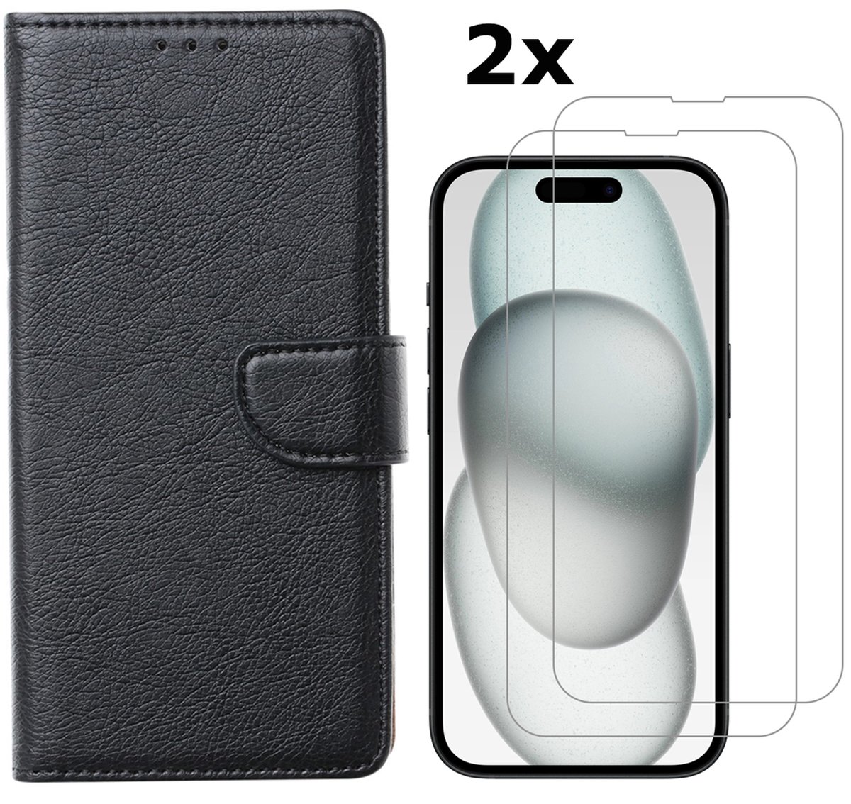 Hoesje Geschikt voor iPhone 15 Plus hoesje bookcase met 2x screenprotector – Zwart
