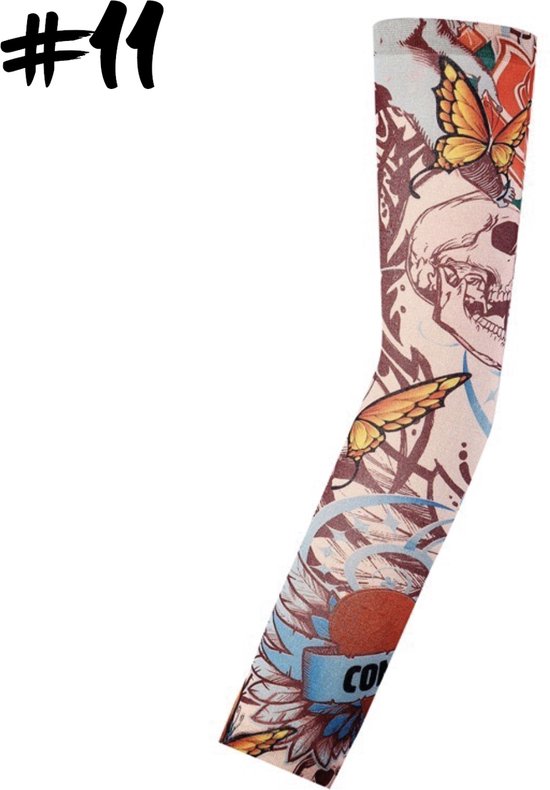 Lange armmouw met tattoo-opdruk van een schedel, vlinders en zon. #11.