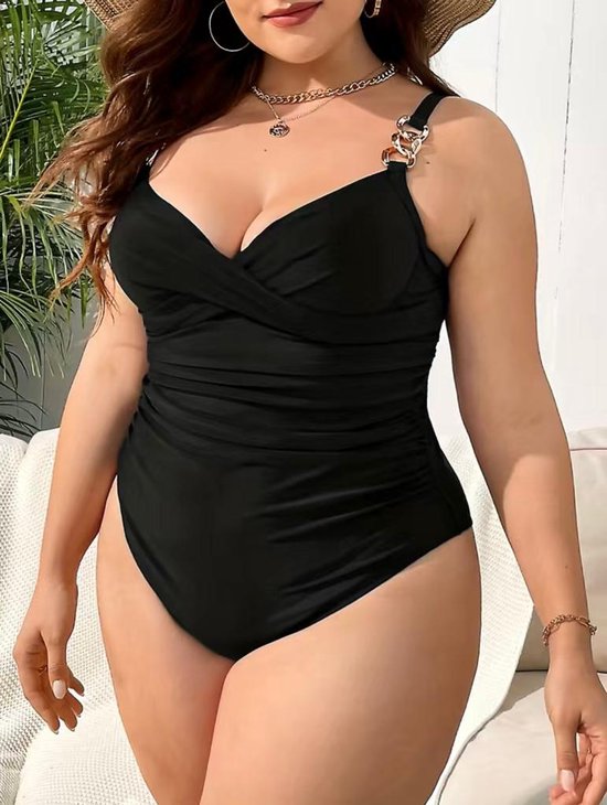 Sexy Badpak in grote maten- Gekoppelde kettingband badpak- Voorgevormd Beugel Badpak-Dames Bikini Zwempak Strandkleding K016- Zwart- Maat 4XL