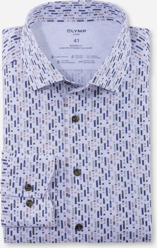 OLYMP Luxor 24/7 modern fit overhemd - Dynamic Flex - olijfgroen dessin - Strijkvriendelijk - Boordmaat: 46