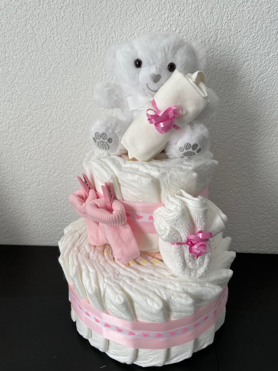 Image of 2-Laags Luiertaart Beertje SoftTouch Wit/Roze Meisje