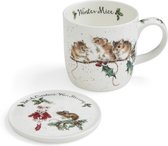 Wrendale Mok met Onderzetter Kerst - 'Winter Mice' mouse mug and coaster set- Royal Worcester