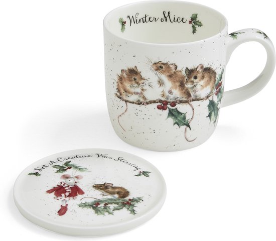 Wrendale Mok met Onderzetter Kerst - 'Winter Mice' mouse mug and coaster set- Royal Worcester