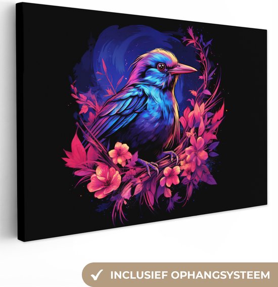 Canvas Schilderij Retro - Vogel - Bloemen - Zwart - Roze - Blauw - Dieren - 90x60 cm - Wanddecoratie