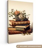 Canvas Schilderij Vintage - Boeken - Bloemen - Wit - 60x90 cm - Wanddecoratie