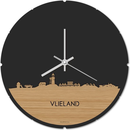 Skyline Klok Rond Vlieland Bamboe hout - Ø 44 cm - Stil uurwerk - Wanddecoratie - Meer steden beschikbaar - Woonkamer idee - Woondecoratie - City Art - Steden kunst - Cadeau voor hem - Cadeau voor haar - Jubileum - Trouwerij - Housewarming -