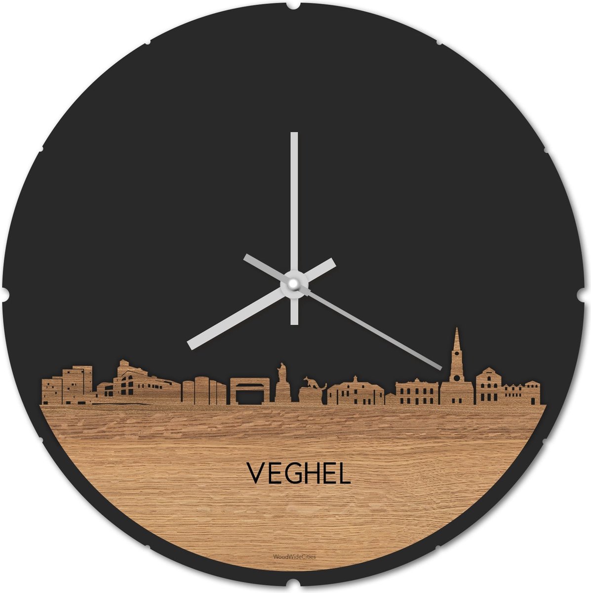 Skyline Klok Rond Veghel Eikenhout - Ø 44 cm - Stil uurwerk - Wanddecoratie - Meer steden beschikbaar - Woonkamer idee - Woondecoratie - City Art - Steden kunst - Cadeau voor hem - Cadeau voor haar - Jubileum - Trouwerij - Housewarming -