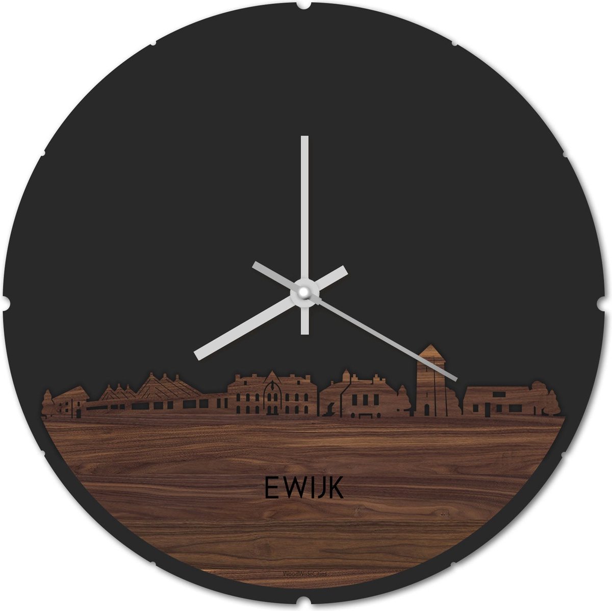 Skyline Klok Rond Ewijk Notenhout - Ø 44 cm - Stil uurwerk - Wanddecoratie - Meer steden beschikbaar - Woonkamer idee - Woondecoratie - City Art - Steden kunst - Cadeau voor hem - Cadeau voor haar - Jubileum - Trouwerij - Housewarming -
