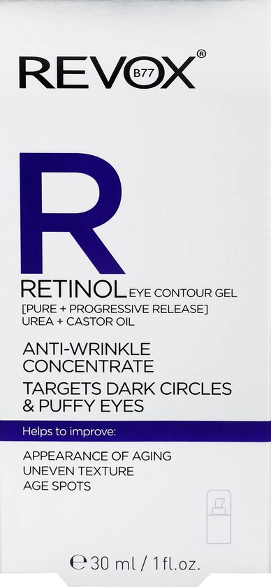 Doos met Revox B77 Retinol Eye Contour Gel. Paarse R op witte achtergrond met honingraatpatroon. Tekst: Anti-Wrinkle Concentrate, Targets dark circles & puffy eyes.