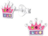 Joy|S - Zilveren prinsessen kroontje oorbellen - 8.6 x 6.8 mm - roze paars met kristalletjes - kinderoorbellen