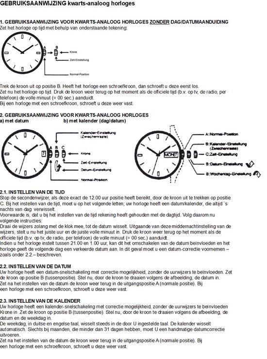 Instructies voor het instellen van de tijd en datum op een analoog horloge.