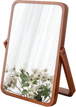 Houten frame tafelbladspiegel met standaard, make-upspiegel, opvouwbare HD-rechthoek, vrijstaande spiegel, badkamerspiegel, bureauspiegel (bruin)