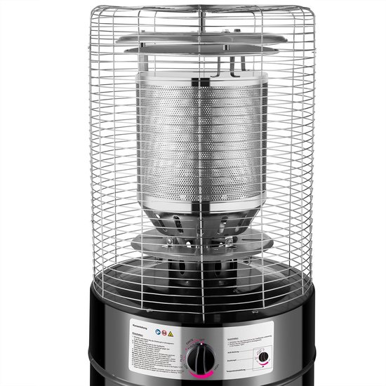 Close-up van de brander van een Juskys terrasverwarmer met zilverkleurige cilinder en metalen kooi.