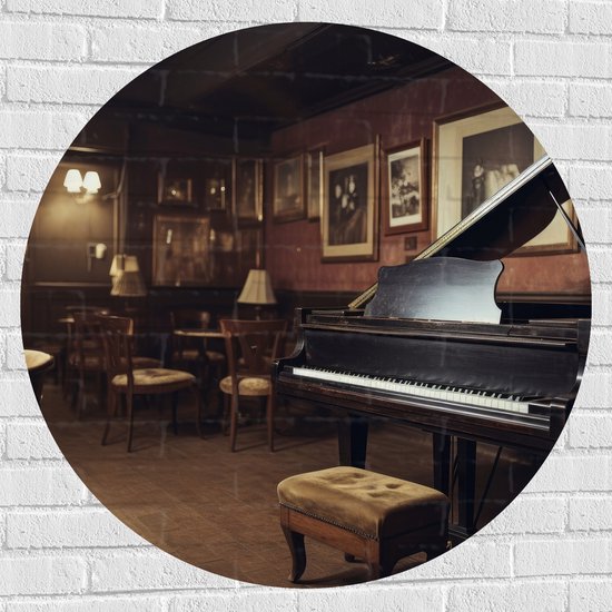 Muursticker Cirkel - Cafe - Tafels - Stoelen - Hout - Piano - Muziek - 100x100 cm Foto op Muursticker
