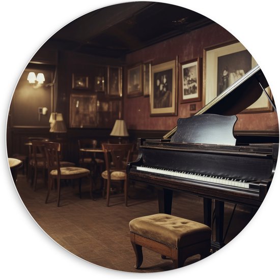 PVC Schuimplaat Muurcirkel - Cafe - Tafels - Stoelen - Hout - Piano - Muziek - 60x60 cm Foto op Muurcirkel (met ophangsysteem)