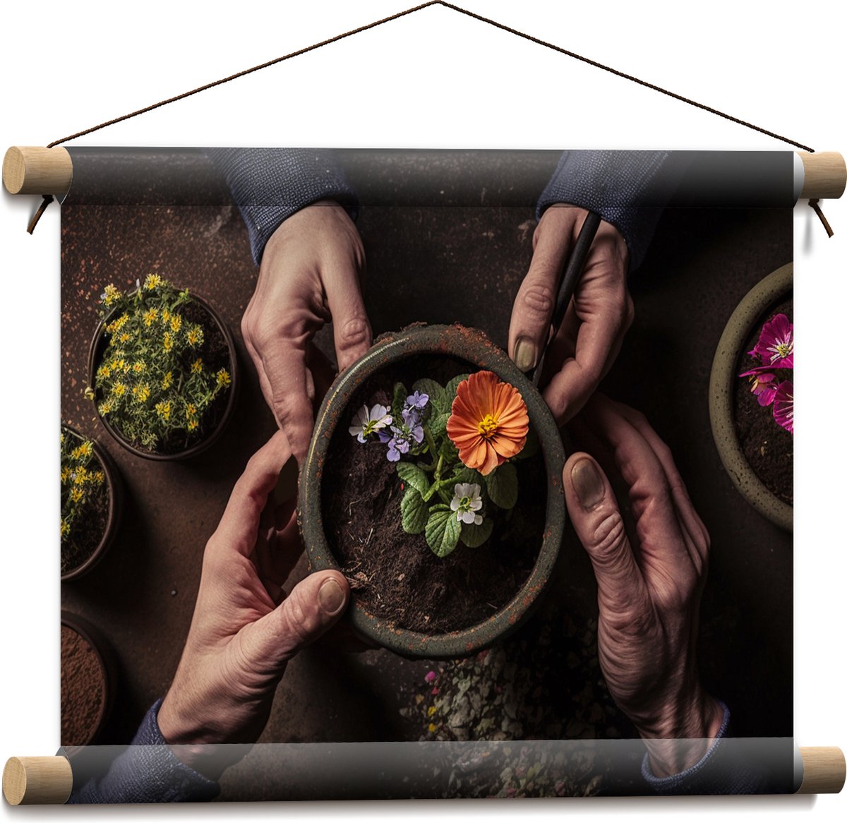 Textielposter - Bloemen - Bloempot - Potgrond - Handen - 40x30 cm Foto op Textiel
