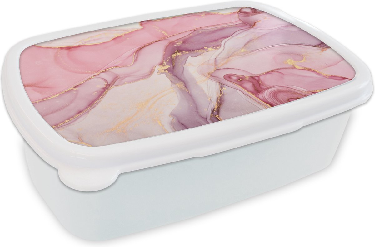 Broodtrommel Wit - Lunchbox - Brooddoos - Goud - Marmer - Roze - 18x12x6 cm - Volwassenen