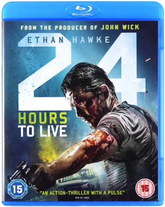 Ethan Hawke met bloed op zijn gezicht en arm, met een pistool in zijn hand. Titel: 24 UUR TE LEVEN.