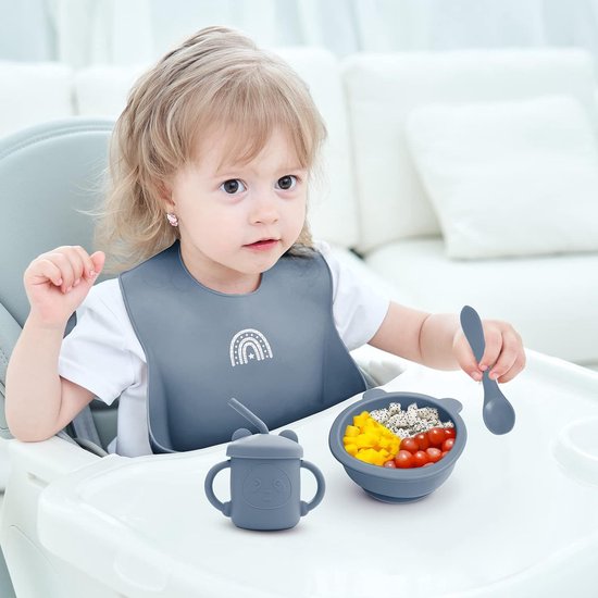 Assiette pour Bébé Set de Table avec Ventouse Extra Forte Antiderapant -  Bol Silicone Cuillère Fourchette Bavoir Sans BPA Assiette Enfant Garcon Set  