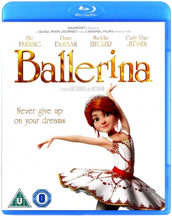 Voorkant Blu-ray hoes Ballerina met een animatie van Felicie in een witte en rode balletjurk, die danst.