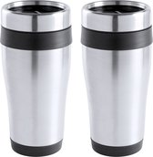 Warmhoudbeker/thermos isoleer koffiebeker/mok - 2x - RVS - zilver/zwart - 450 ml - Reisbeker