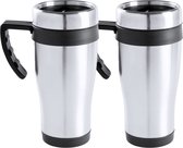 Warmhoudbeker/thermos isoleer koffiebeker/mok - 2x - RVS - zilver/zwart - 450 ml - Reisbeker